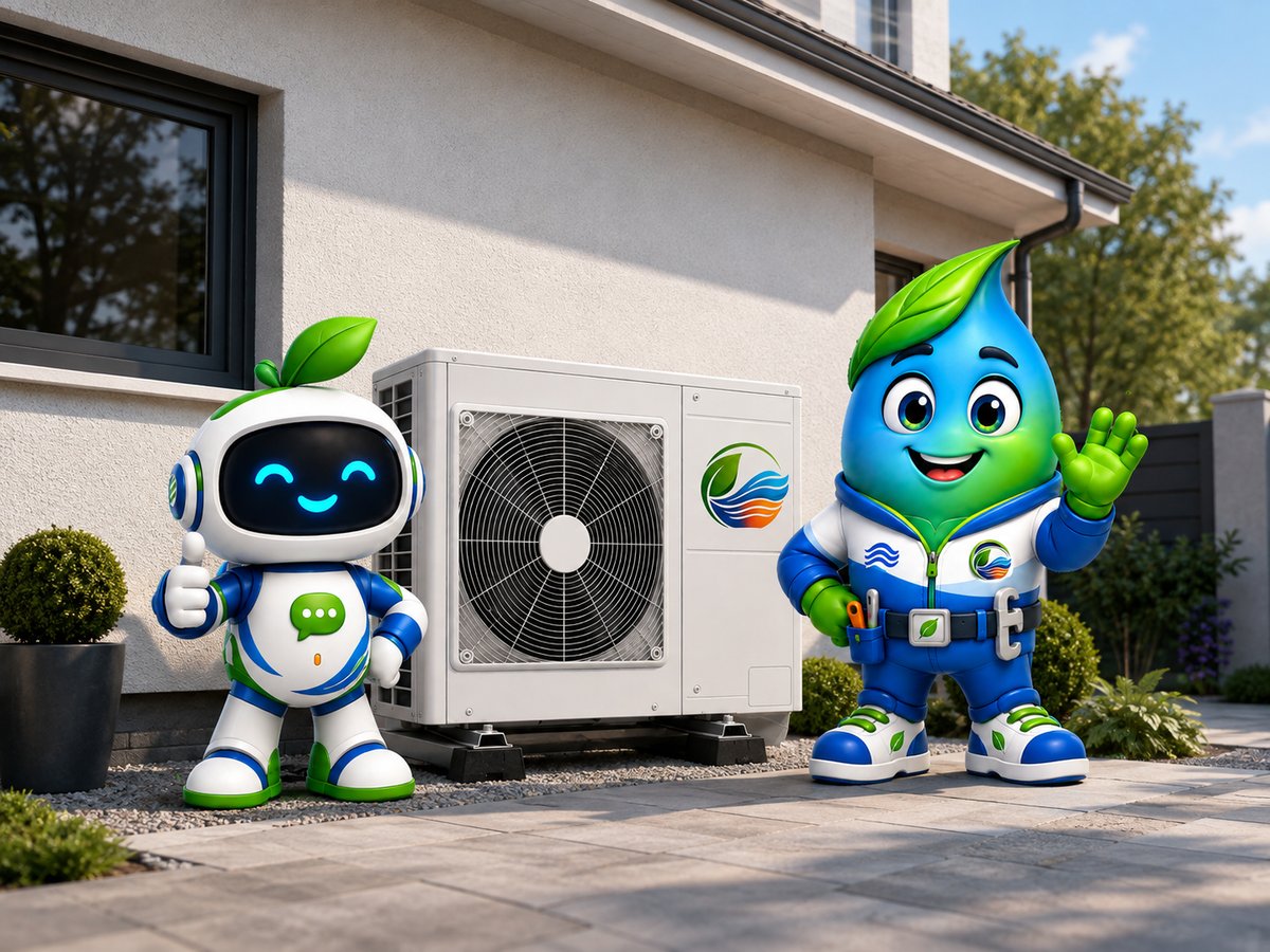 GreenWave engineer visit with Pip and Wavey beside a heat pump outdoor unit